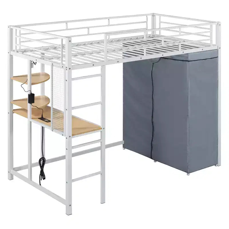 Letto a soppalco in metallo con scrivania integrata, mensole, presa elettrica, luce a LED e guardaroba, singolo/matrimoniale