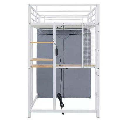 Letto a soppalco in metallo con scrivania integrata, mensole, presa elettrica, luce a LED e guardaroba, singolo/matrimoniale