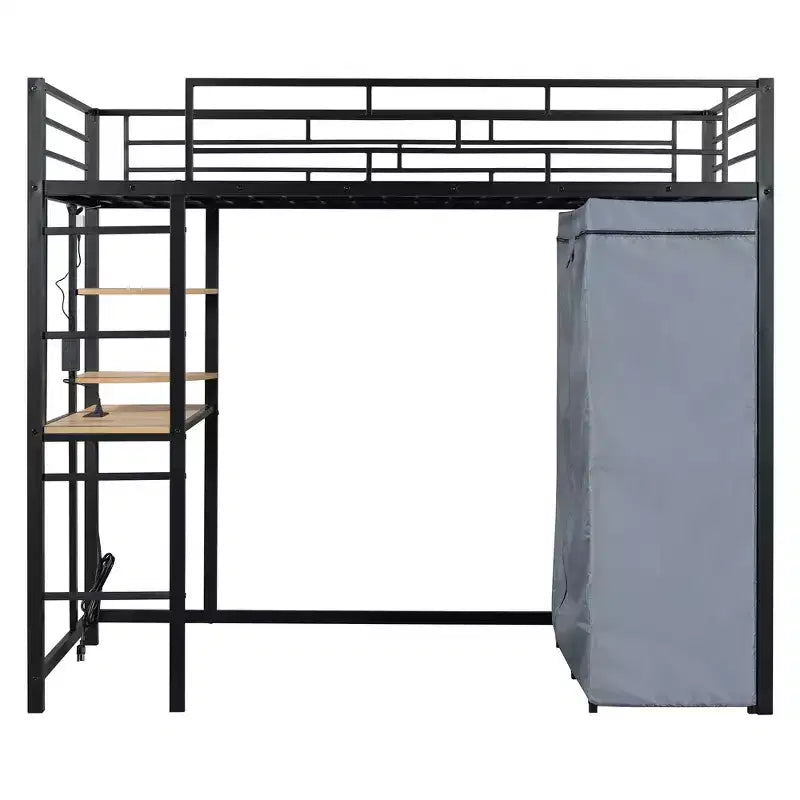 Letto a soppalco in metallo con scrivania integrata, mensole, presa elettrica, luce a LED e guardaroba, singolo/matrimoniale