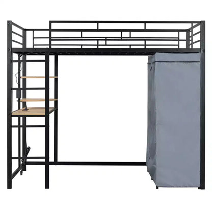 Letto a soppalco in metallo con scrivania integrata, mensole, presa elettrica, luce a LED e guardaroba, singolo/matrimoniale