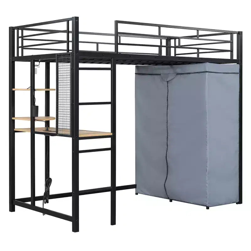 Letto a soppalco in metallo con scrivania integrata, mensole, presa elettrica, luce a LED e guardaroba, singolo/matrimoniale