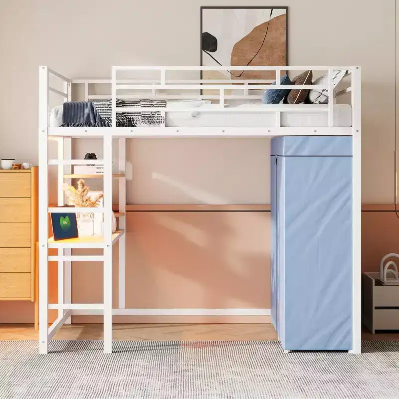 Letto a soppalco in metallo con scrivania integrata, mensole, presa elettrica, luce a LED e guardaroba, singolo/matrimoniale