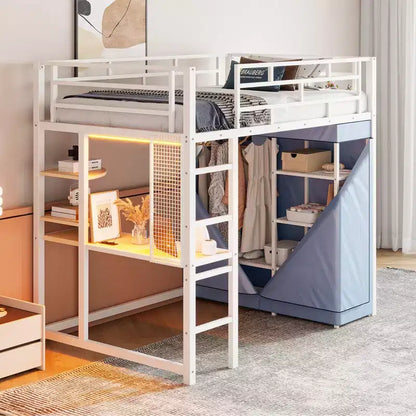 Letto a soppalco in metallo con scrivania integrata, mensole, presa elettrica, luce a LED e guardaroba, singolo/matrimoniale