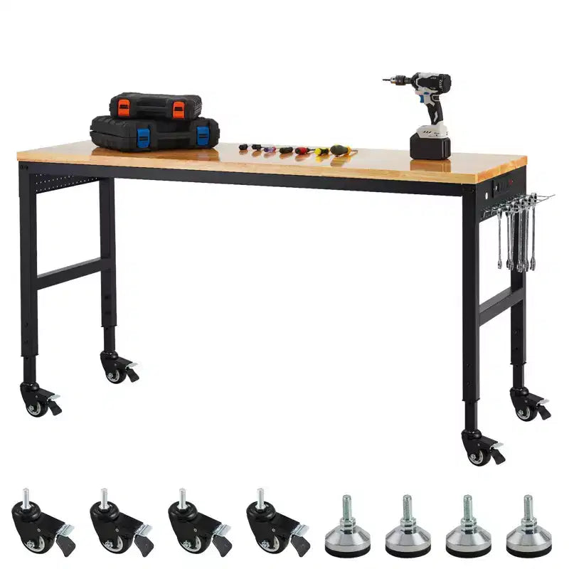 Adjustable Workbench 75' x 25', 2000 Lbs Load Capacity, 29.5-38.4 Heights Garage Worktable with Universal Wheels & Power Outlet, Heavy-Duty Table