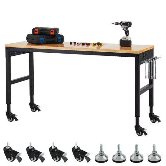 Adjustable Workbench 75' x 25', 2000 Lbs Load Capacity, 29.5-38.4 Heights Garage Worktable with Universal Wheels & Power Outlet, Heavy-Duty Table