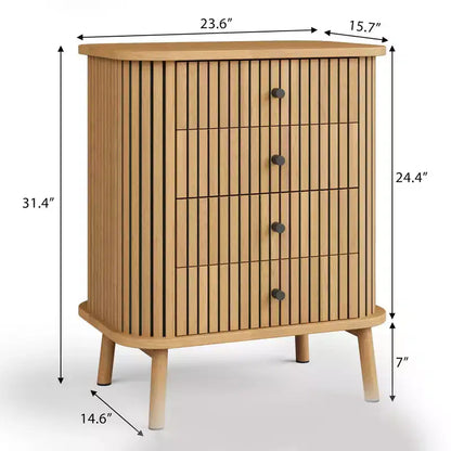 Comodino Boho con 4 Cassetti, Tavolino da Notte in Rattan con Maniglie Nere Opache e Gambe in Legno, Finitura Naturale
