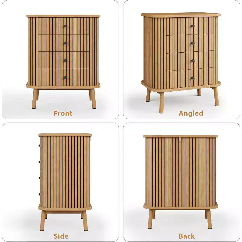 Comodino Boho con 4 Cassetti, Tavolino da Notte in Rattan con Maniglie Nere Opache e Gambe in Legno, Finitura Naturale