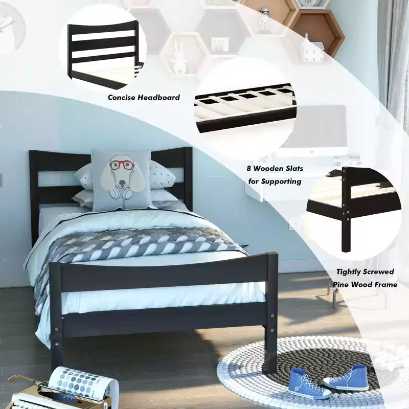 Base letto a piattaforma singola con testiera e supporto a doghe in legno, non è necessario il box spring