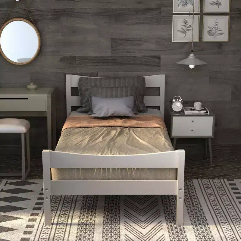 Base letto a piattaforma singola con testiera e supporto a doghe in legno, non è necessario il box spring