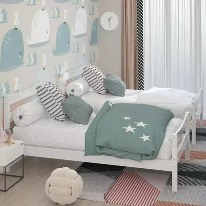 Base letto a piattaforma singola con testiera e supporto a doghe in legno, non è necessario il box spring