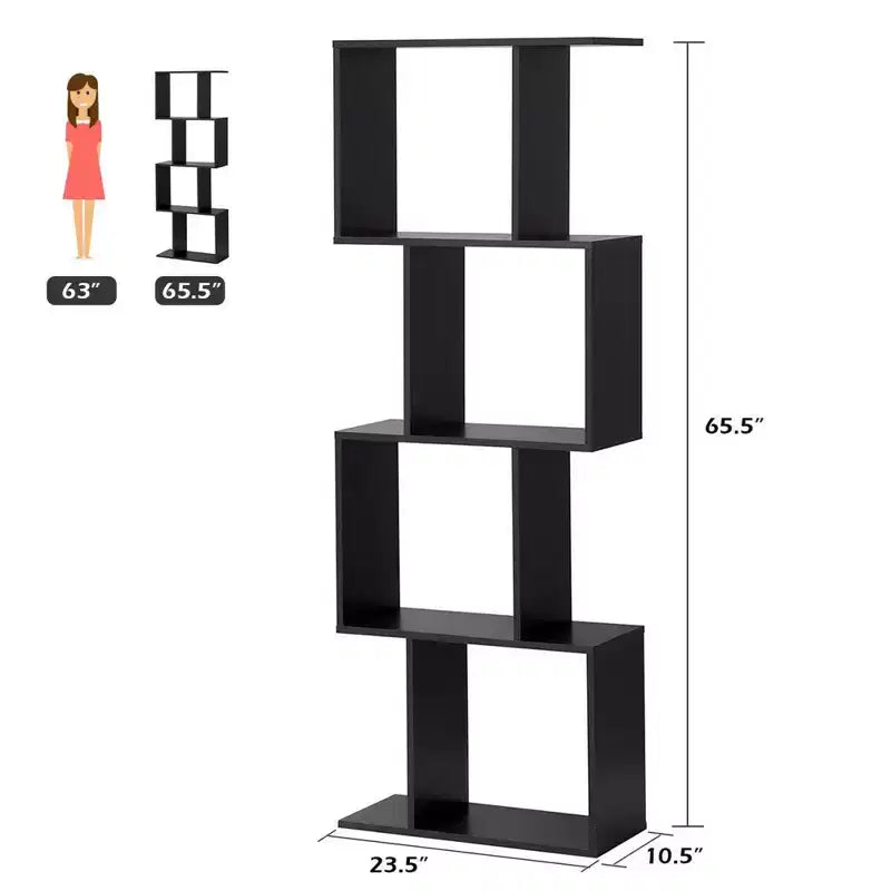 Libreria a 4 ripiani a forma di S, scaffale espositivo in legno autoportante, nero
