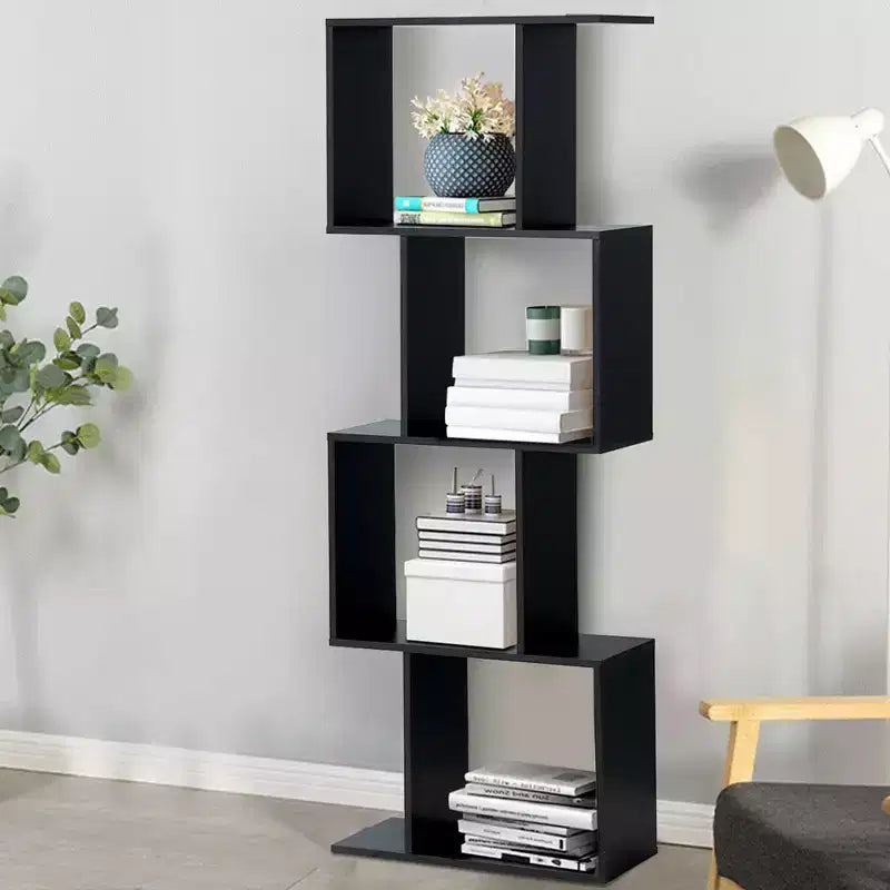 Libreria a 4 ripiani a forma di S, scaffale espositivo in legno autoportante, nero