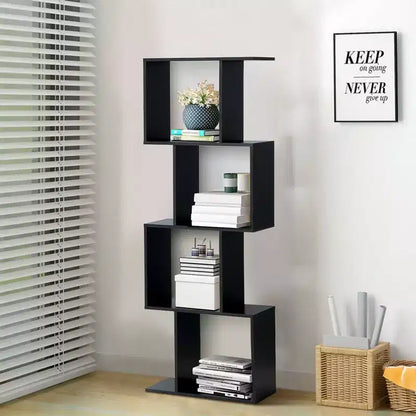 Libreria a 4 ripiani a forma di S, scaffale espositivo in legno autoportante, nero