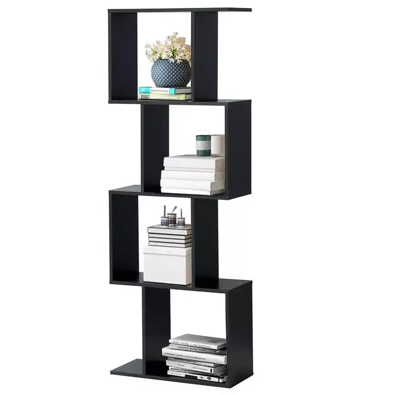 Libreria a 4 ripiani a forma di S, scaffale espositivo in legno autoportante, nero