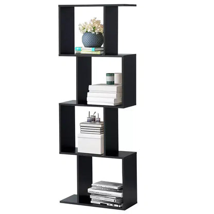 Libreria a 4 ripiani a forma di S, scaffale espositivo in legno autoportante, nero