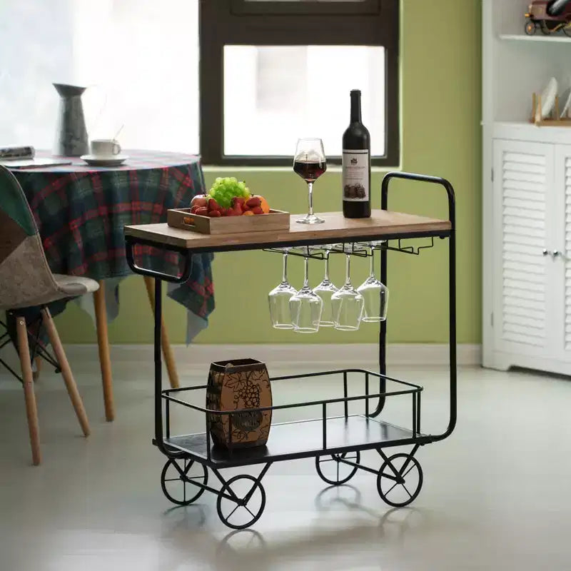Carrello da portata per vino in metallo con ruote, portabottiglie e portabicchieri