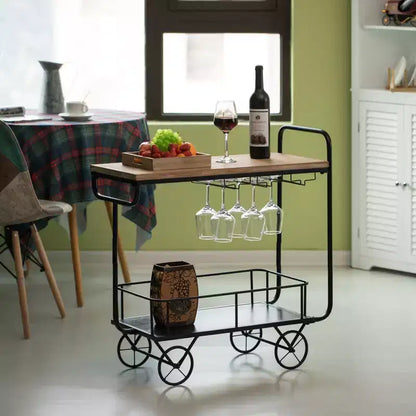 Carrello da portata per vino in metallo con ruote, portabottiglie e portabicchieri