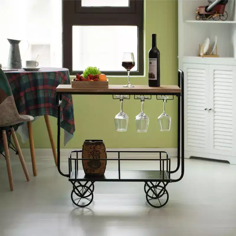 Carrello da portata per vino in metallo con ruote, portabottiglie e portabicchieri