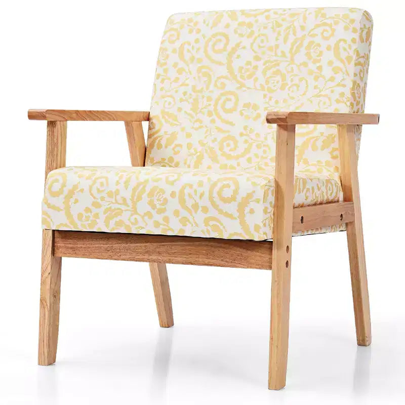 Poltrona con braccioli in stile moderno, imbottita, con gambe in legno di caucciù, motivo floreale giallo/blu