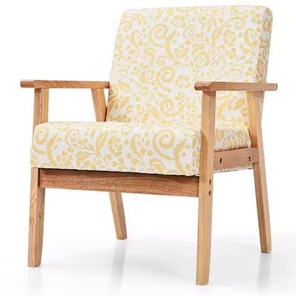 Poltrona con braccioli in stile moderno, imbottita, con gambe in legno di caucciù, motivo floreale giallo/blu