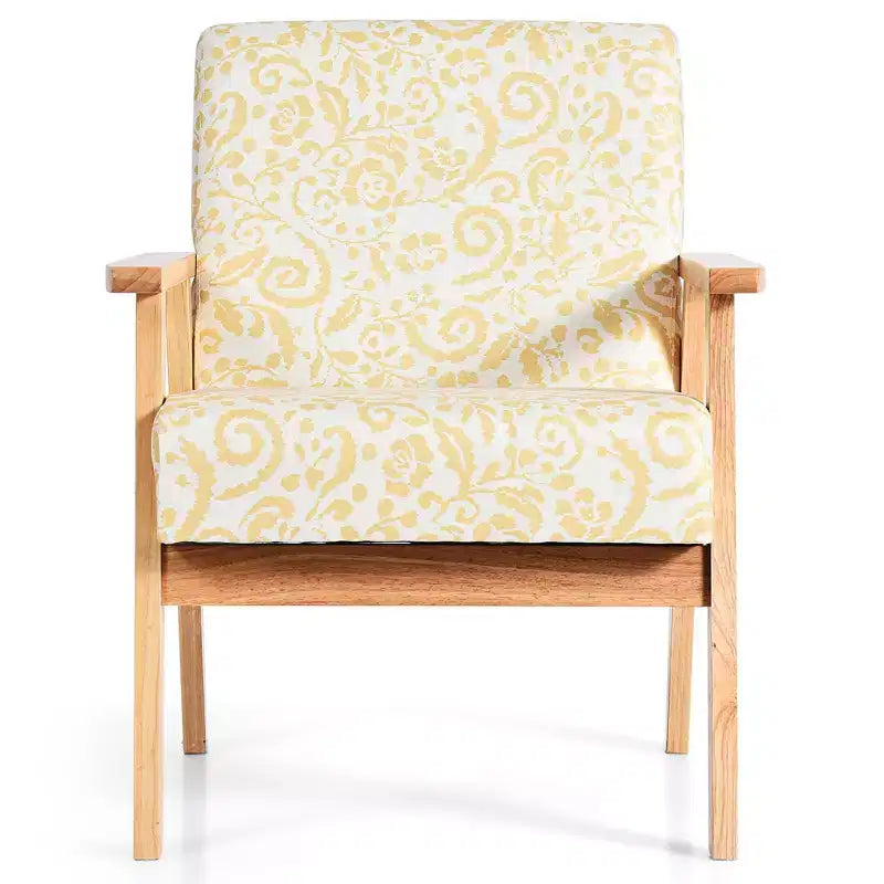 Poltrona con braccioli in stile moderno, imbottita, con gambe in legno di caucciù, motivo floreale giallo/blu