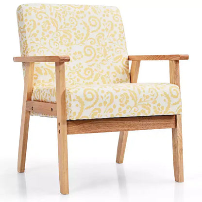 Poltrona con braccioli in stile moderno, imbottita, con gambe in legno di caucciù, motivo floreale giallo/blu